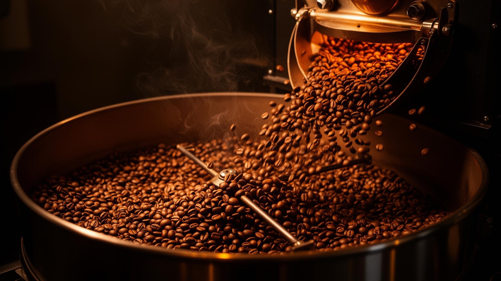 Coffee beans being roasted in a professional drum roaster